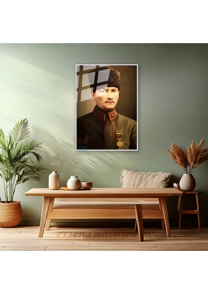 Metal Çerçeveli Cam Atatürk Portresi Ofis Tablosu Yeni Ev Hediyesi Metal Çerçeveli Cam Duvar Dekoru