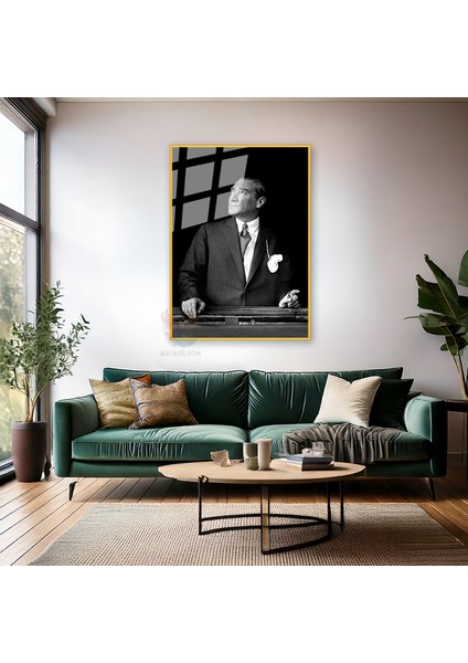 Siyah Beyaz Mustafa Kemal Atatürk Tablo Metal Çerçeveli Cam Tablo Dikey Tablo Salon Ofis Tablosu