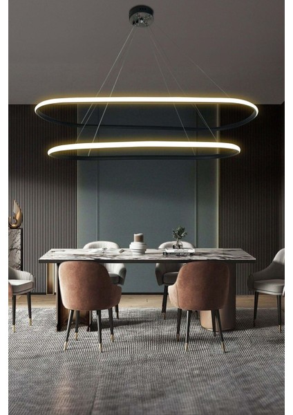 Modern Siyah Yemek Masa Avizesi, 3 Renk LED Aydınlatmalı, Modern Salon Avizesi,ofis LED Avizesi