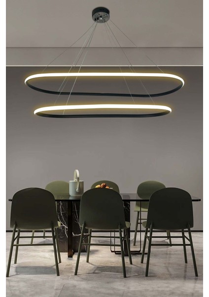 Modern Siyah Yemek Masa Avizesi, 3 Renk LED Aydınlatmalı, Modern Salon Avizesi,ofis LED Avizesi
