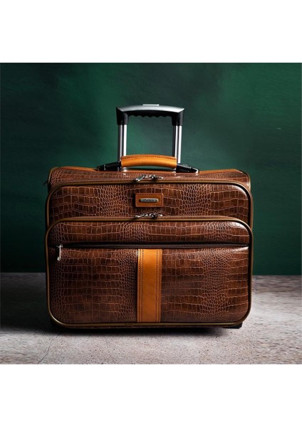 Retro Kroko Özel Üretim Vintage Kabin Boy Pilot Valiz Kahve
