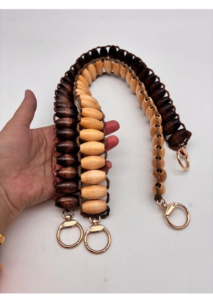 65X3 cm Açık Renk Oval Ahşap Boncuklu Ahşap Tek Çanta Sapı