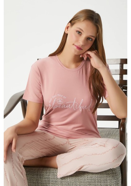 Kadın Beautiful Yumuşak Doku Pudra Bisiklet Yaka Kısa Kollu Alt Üst Pijama Takımı