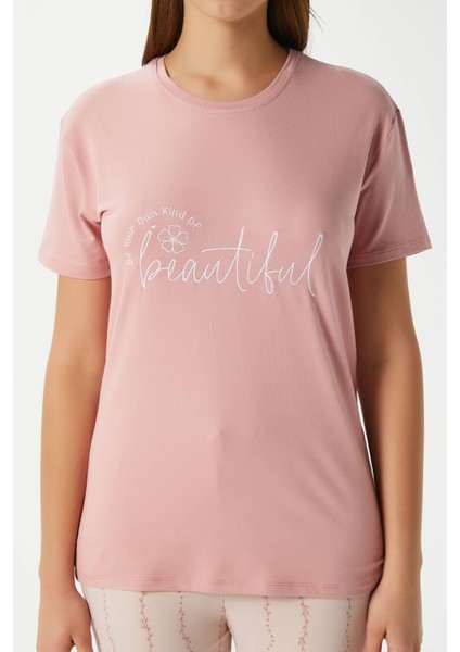 Kadın Beautiful Yumuşak Doku Pudra Bisiklet Yaka Kısa Kollu Alt Üst Pijama Takımı