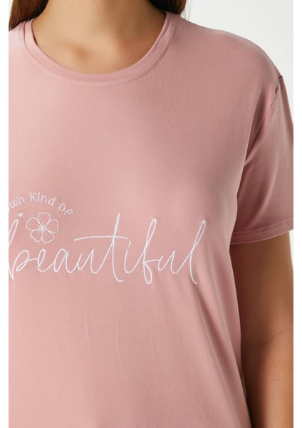 Kadın Beautiful Yumuşak Doku Pudra Bisiklet Yaka Kısa Kollu Alt Üst Pijama Takımı