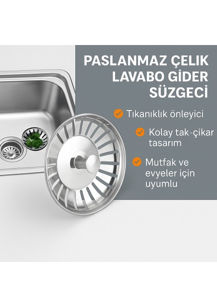 Paslanmaz Çelik Lavabo Gider Süzgeci – Tıkanıklık Önleyici, Bulaşık ve Evyeler Için Uyumlu, Kolay Tak-Çıkar