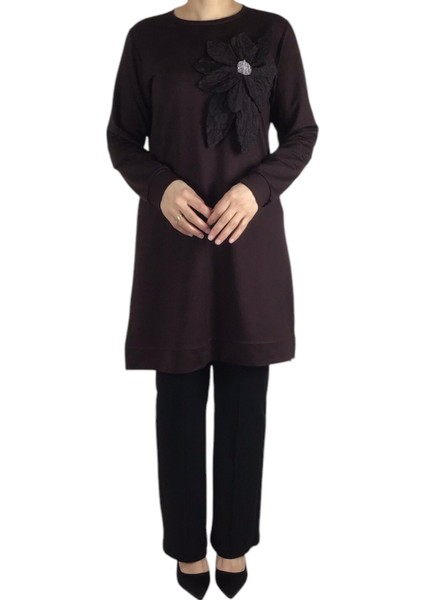 Kadın Çiçek Detaylı Altı Bantlı Kristal Penye Tunik