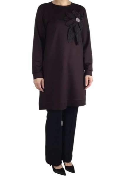 Kadın Çiçek Detaylı Altı Bantlı Kristal Penye Tunik fiyatları