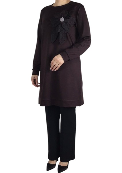 Kadın Çiçek Detaylı Altı Bantlı Kristal Penye Tunik modelleri