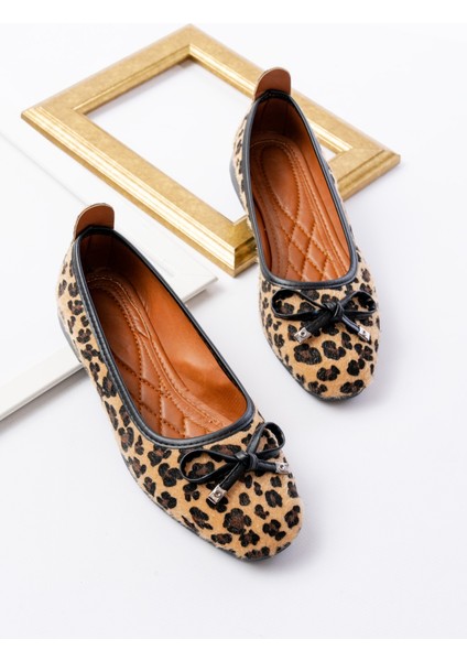 Potin Leopar Fiyonklu ( 2 Cm) Oval Burunlu Günlük Kullanım Babet
