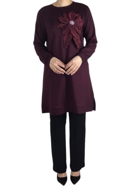 Kadın Çiçek Detaylı Altı Bantlı Kristal Penye Tunik