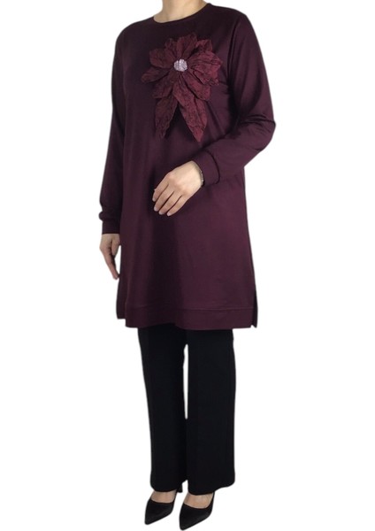 Kadın Çiçek Detaylı Altı Bantlı Kristal Penye Tunik fiyatları