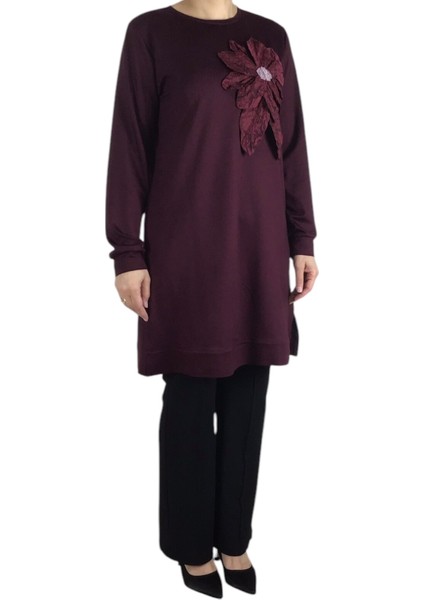 Kadın Çiçek Detaylı Altı Bantlı Kristal Penye Tunik modelleri