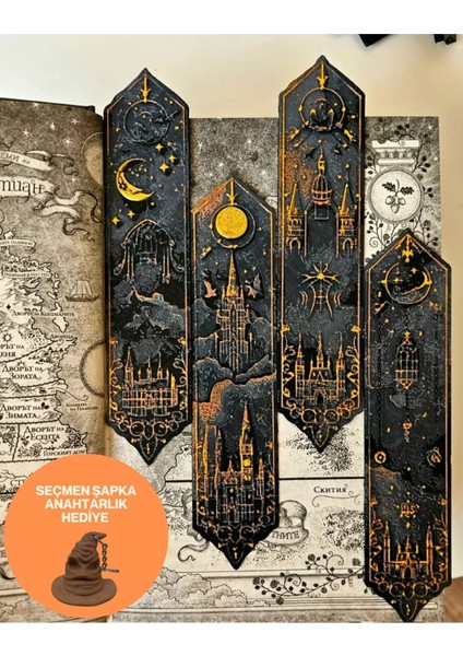 Harry Potter Hogwarts Seri 1 Kabartmalı Kitap Ayracı 4lü Set ( Hp Seçmen Şapka Anahtarlık )