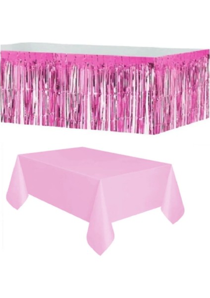 Pembe Metalize Masa Eteği 90×350 cm Tek Kullanımlık Plastik Pembe Masa Örtüsü 120×180 cm