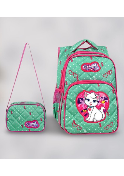 Lisanslı Mint Yeşili Kedi Desenli Ilkokul Sırt Çantası ve Beslenme Çantası Seti – Emboss Kumaş, Sevimli Tasarım
