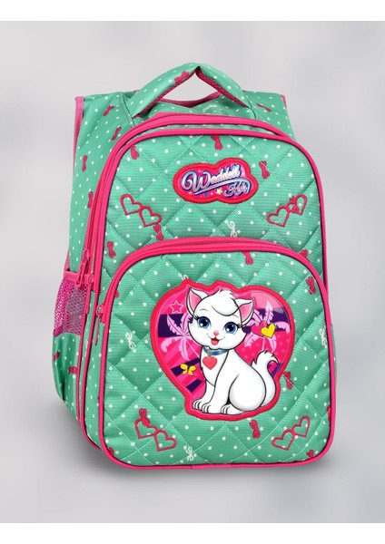 Lisanslı Mint Yeşili Kedi Desenli Ilkokul Sırt Çantası ve Beslenme Çantası Seti – Emboss Kumaş, Sevimli Tasarım fiyatları