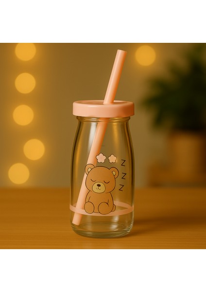 Pipetli Cam Şişe, Çocuk Şişesi, Sevimli Ayıcık Desenli Pipetli Cam Şişe - 250 ml - Pudra