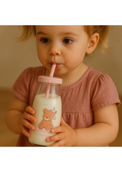 Pipetli Cam Şişe, Çocuk Şişesi, Sevimli Ayıcık Desenli Pipetli Cam Şişe - 250 ml - Pudra fiyatları