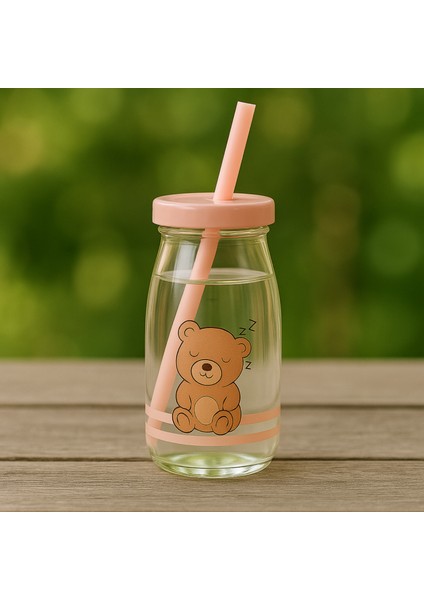 Pipetli Cam Şişe, Çocuk Şişesi, Sevimli Ayıcık Desenli Pipetli Cam Şişe - 250 ml - Pudra modelleri