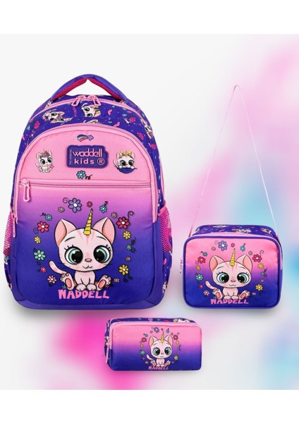 Lisanslı Mor-Pembe Kedi Desenli Kız Çocuk Okul Sırt Çantası & Beslenme Çantası & Kalemlik