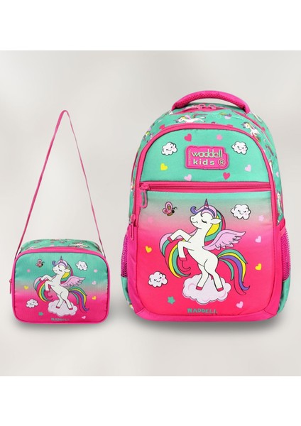 Fuşya Renk Unicorn Desenli Kız Çocuk Ilkokul Sırt Çantası ve Beslenme Çantası - Lisanslı Çanta Seti