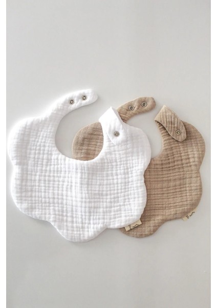 Beyaz ve Bej 2'li %100 Pamuklu Organik 8 Katlı Müslin Bebek Mama Önlüğü / Yakalık / Salya Önlüğü