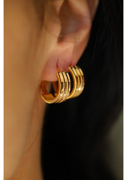 14 Ayar Altın Üç Sıra Ajda Halka Küpe