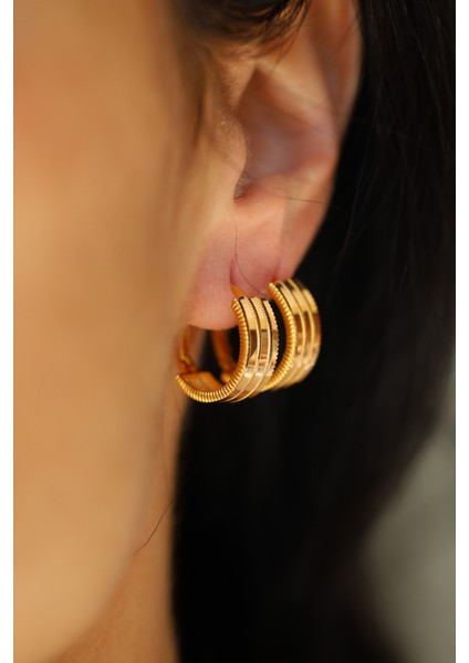 14 Ayar Altın Üç Sıra Ajda Halka Küpe modelleri