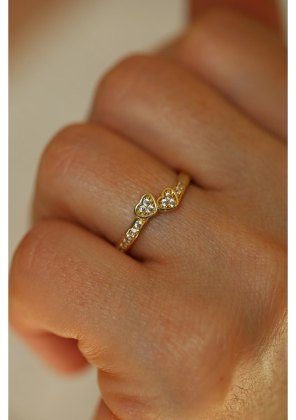 14 Ayar Altın Taşlı Ikiz Kalpler Yüzük modelleri