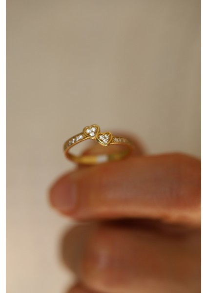 14 Ayar Altın Taşlı Ikiz Kalpler Yüzük fırsatları