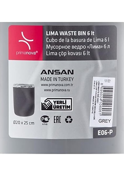 M-E06-07-P Lima Çöp Kovası, Krom Dekorlu, Gri