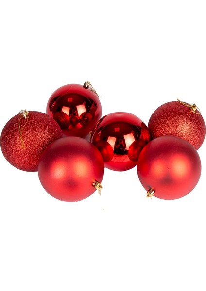 Yılbaşı Topu Simli Mat Parlak 6'lı Set Kırmızı 10 cm .