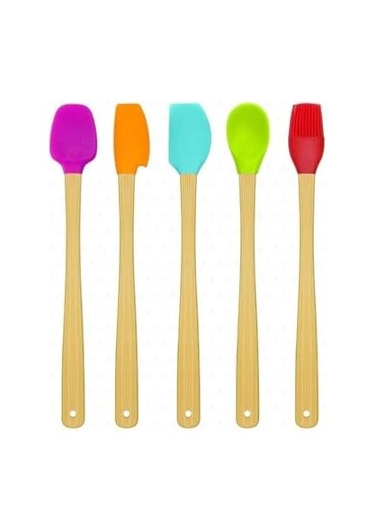 Parça Bambu Saplı Mini Silikon Spatula Kaşık Fırça Seti Renkli
