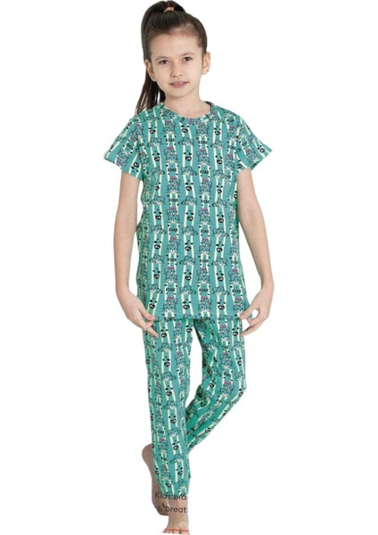Elmkp Yeşil Kedicik Desen Kız Çocuk Pijama Takımı 3-10 Yaş 4105