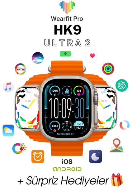 Wearfit Hk9 Ultra 2 Akıllı Kol Saati Watch Model:inç 49MM Amoled Ekran (Gri)