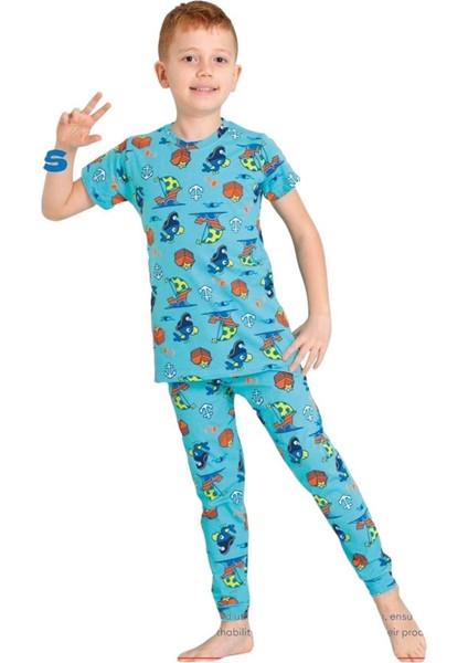 Elmkp Mavi Papağan Desen Erkek Çocuk Pijama Takımı 3-10 Yaş 3102