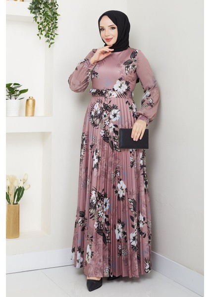 Kadın Baskılı Pliseli Kemerli Elbise -PMK416