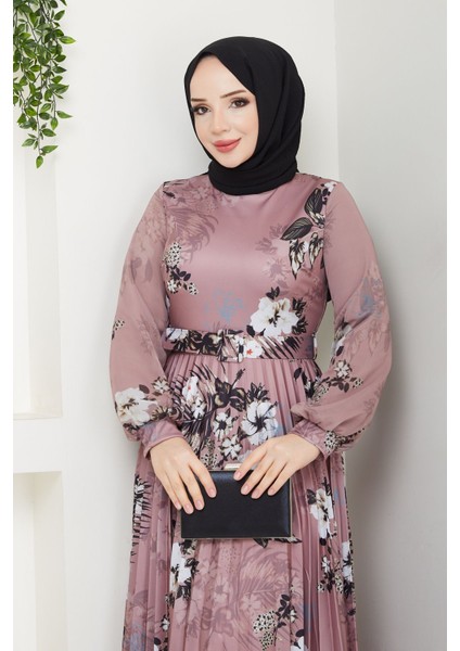 Kadın Baskılı Pliseli Kemerli Elbise -PMK416 modelleri