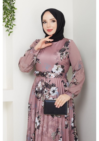 Kadın Baskılı Pliseli Kemerli Elbise -PMK416 fırsatları