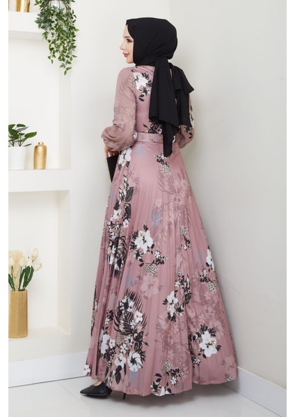 Kadın Baskılı Pliseli Kemerli Elbise -PMK416 indirimleri