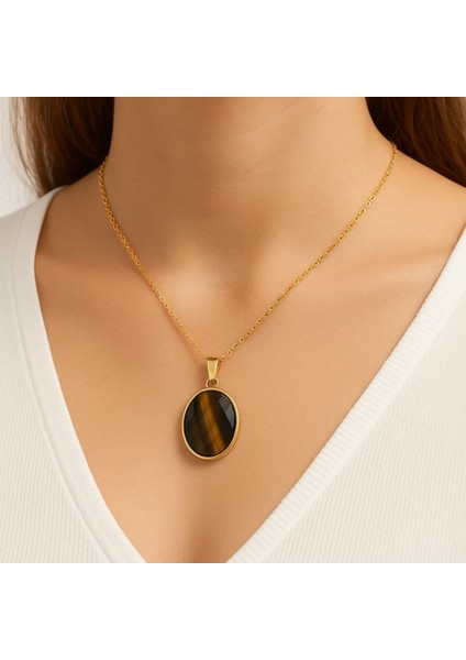 Unisex Kaplan Gözü Kolye Doğal Taş 8 gr Paslanmaz Zincirli Enerji Taşı Hediye Seçeneği fırsatları