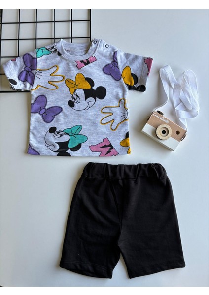 Kız Çocuk Mickey Mouse Baskılı Şortlu Takım Gri-Siyah