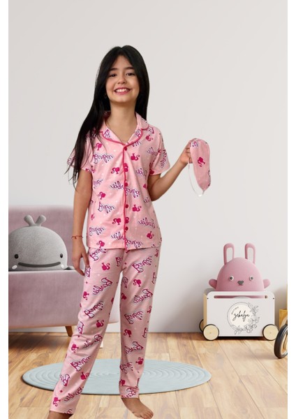 Barbie Kız Çocuk Gömlek Yaka Düğmeli Kısa Kollu Pembe Pijama Takımı