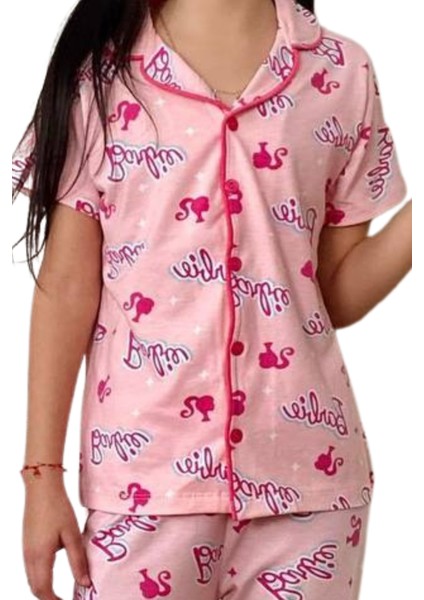 Barbie Kız Çocuk Gömlek Yaka Düğmeli Kısa Kollu Pembe Pijama Takımı