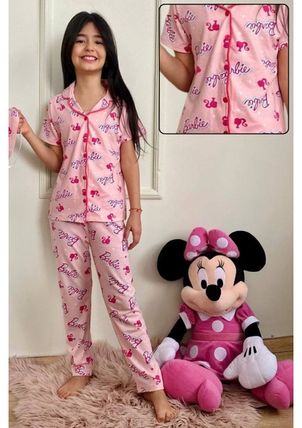 Barbie Kız Çocuk Gömlek Yaka Düğmeli Kısa Kollu Pembe Pijama Takımı