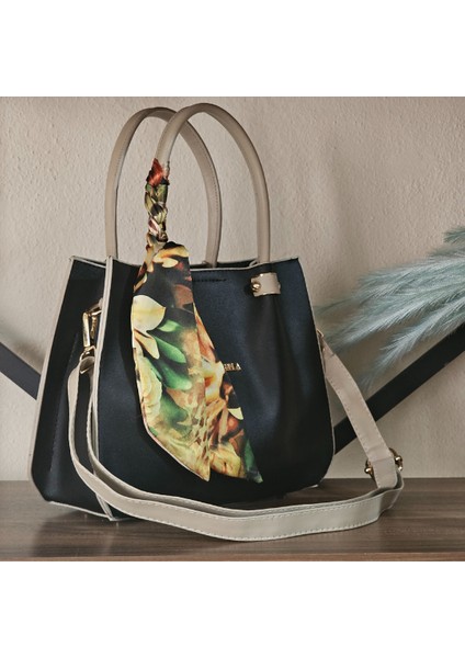 Zarif Siyah Çanta ve Desenli Fular Kombinasyonu modelleri