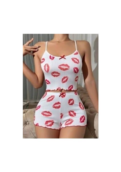 Askılı Dudak Desenli Şortlu Pijama Takımı 2li