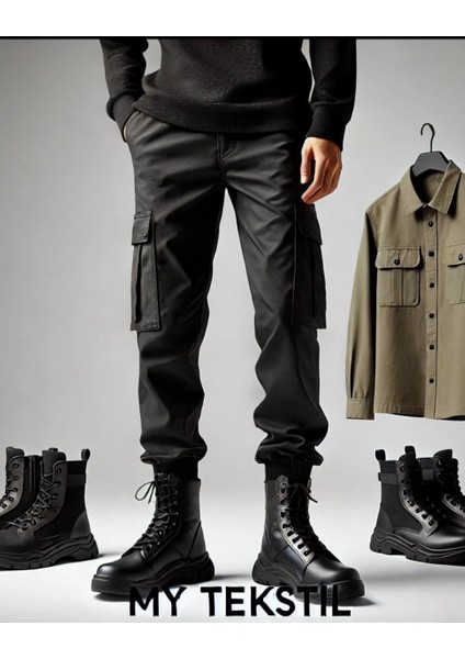 Erkek Kargo Pantolon Siyah Likralı Slimfit Lastikli Paça