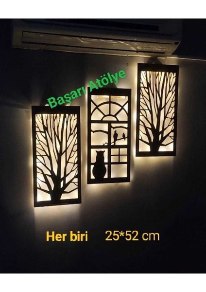 Ahşap Işıklı 3 Lü Duvar Tablo Seti Kahverengi